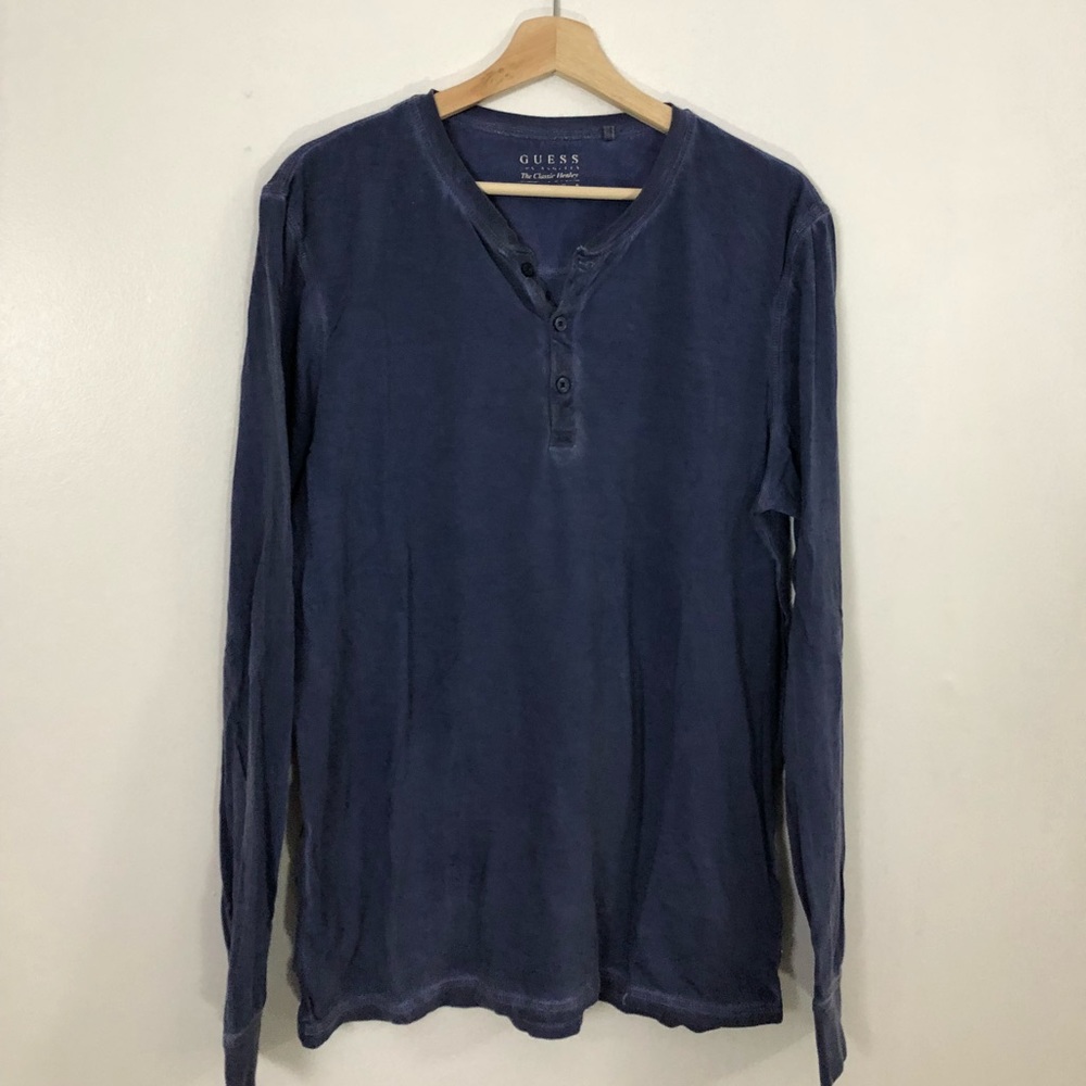 Guess 3 Button Navy Henley LS
